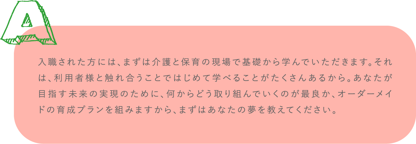 入職された方には、まずは介護と保育の現場で基礎から学んでいただきます。それは、利用者様と触れ合うことではじめて学べることがたくさんあるから。あなたが目指す未来の実現のために、何からどう取り組んでいくのが最良か、オーダーメイドの育成プランを組みますから、まずはあなたの夢を教えてください。